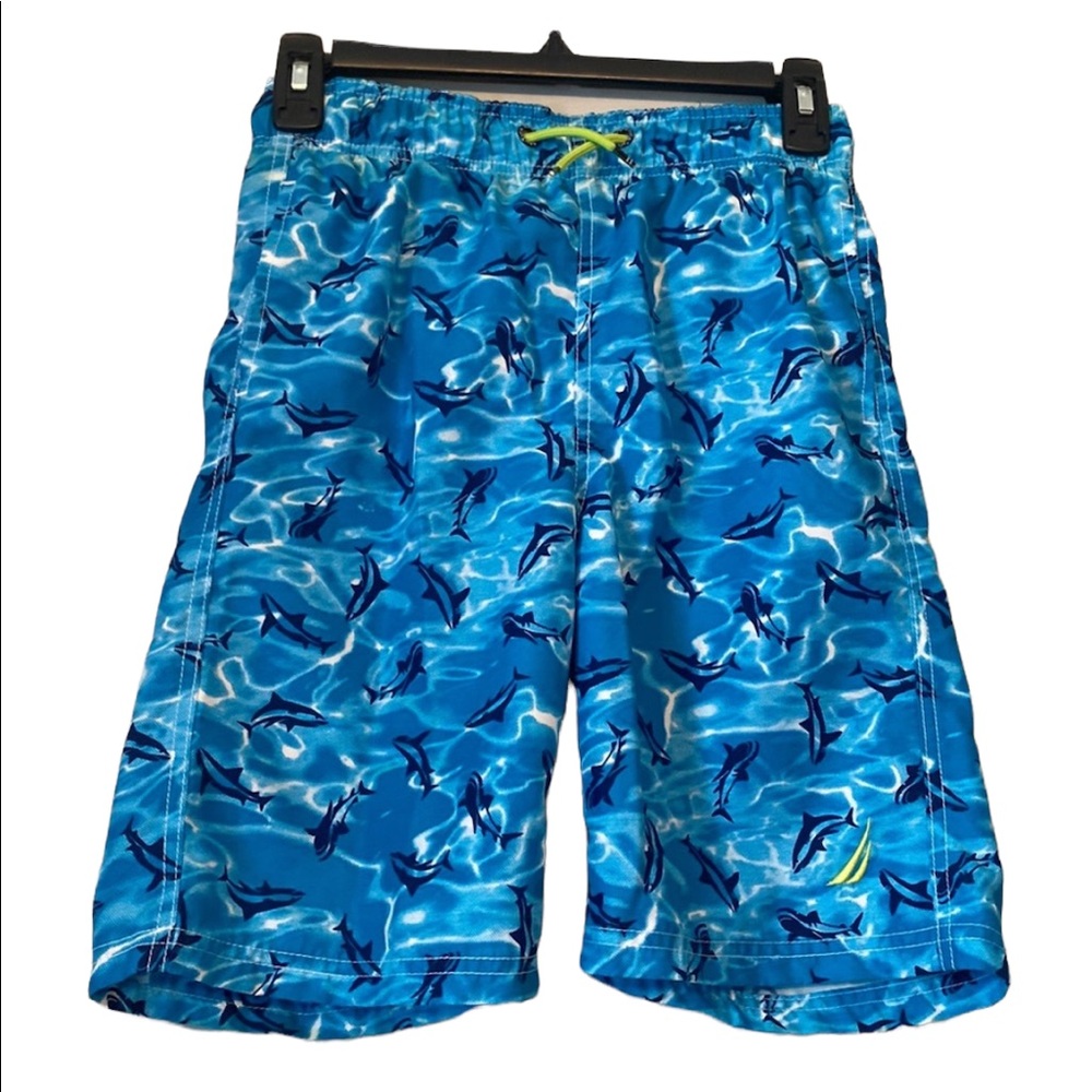 Nautical Shark Print Boys’ Turquoise Swim Trunks